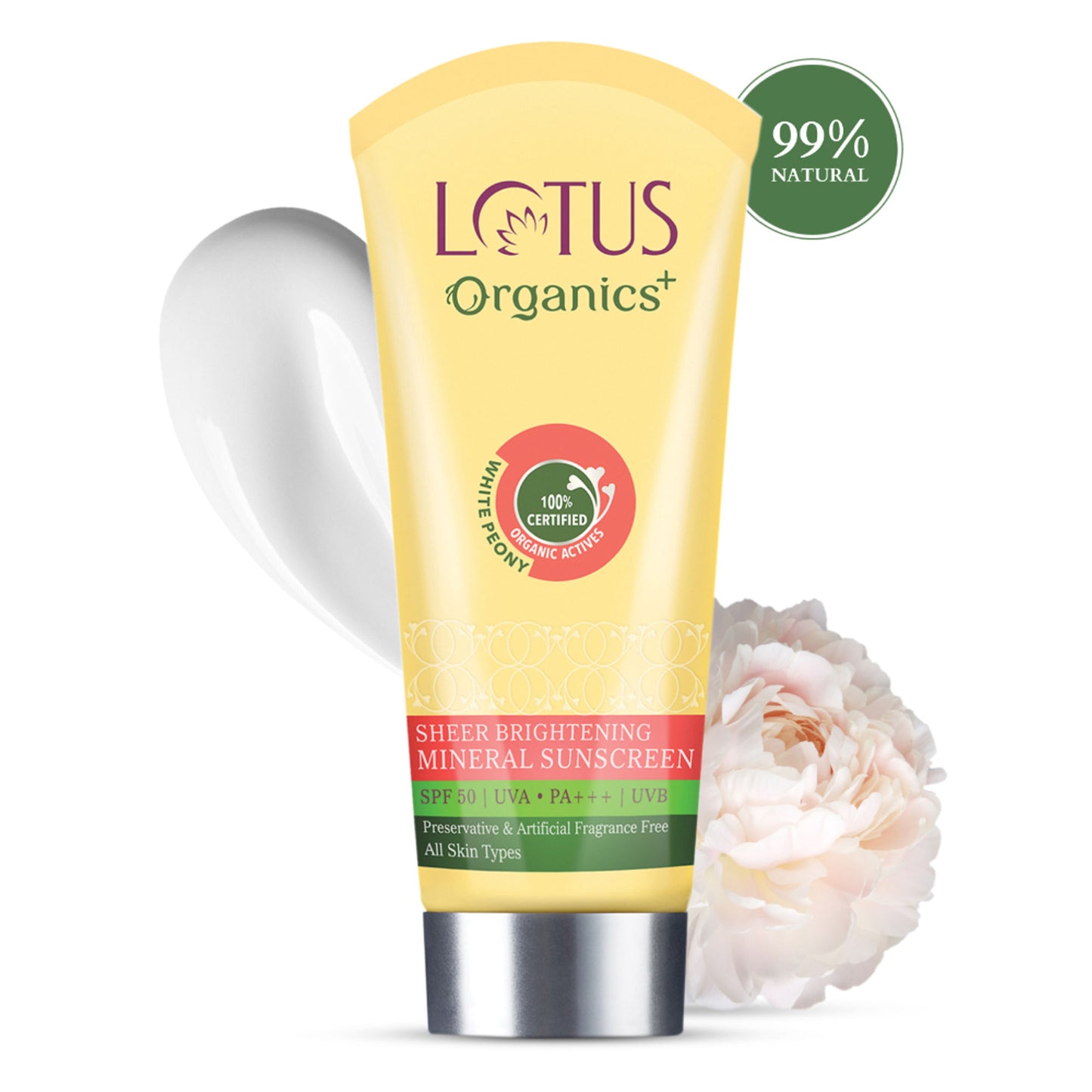 Lotus Organics Sheer Brightening Mineral Sunscreen, SPF 50, 100% Certified Organic White Peony
