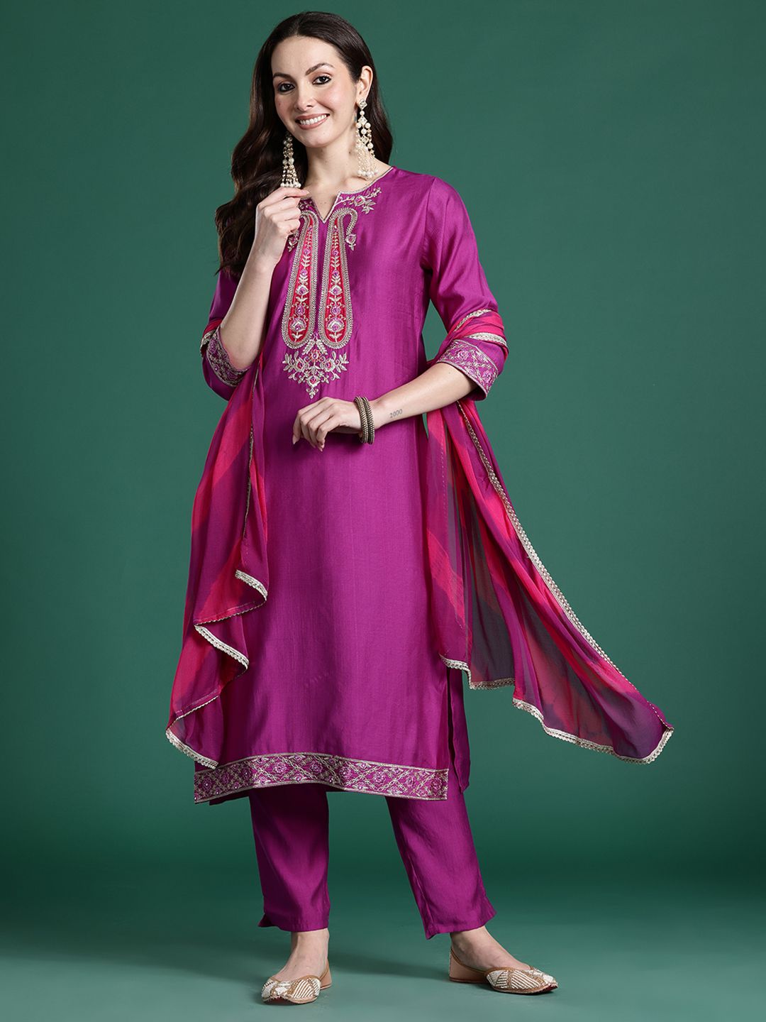 Paisley Embroidered Sequinned Kurta with Trousers & With Dupatta