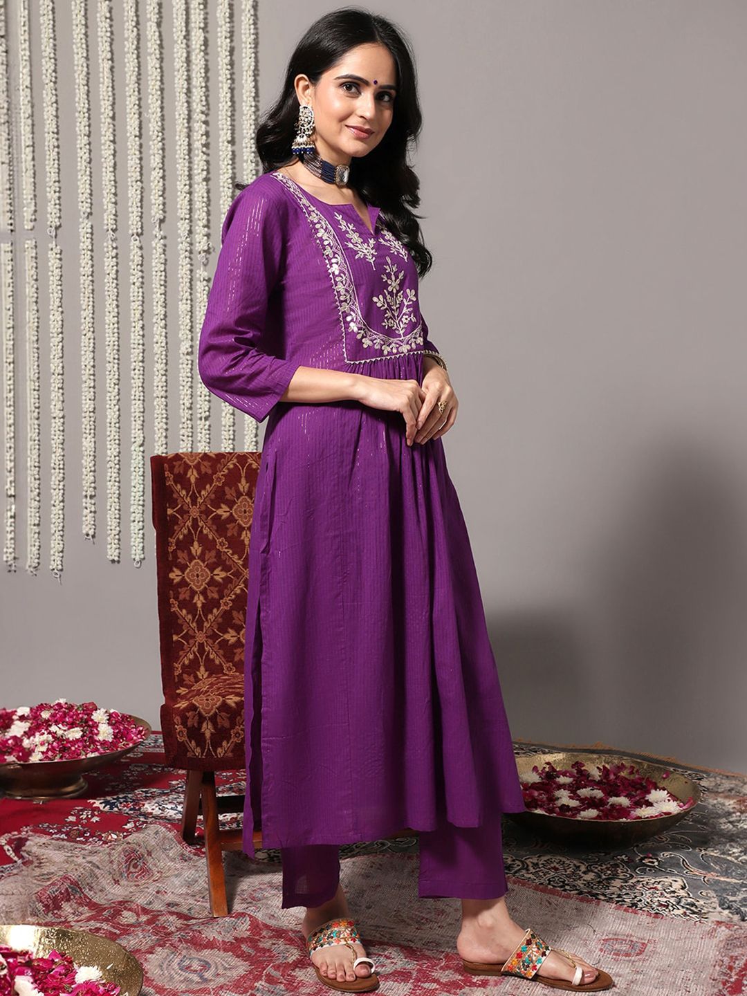 Indyancart VA Women'sFloral Yoke Design Gotta Patti Pure Cotton Kurta & Trousers With Dupatta