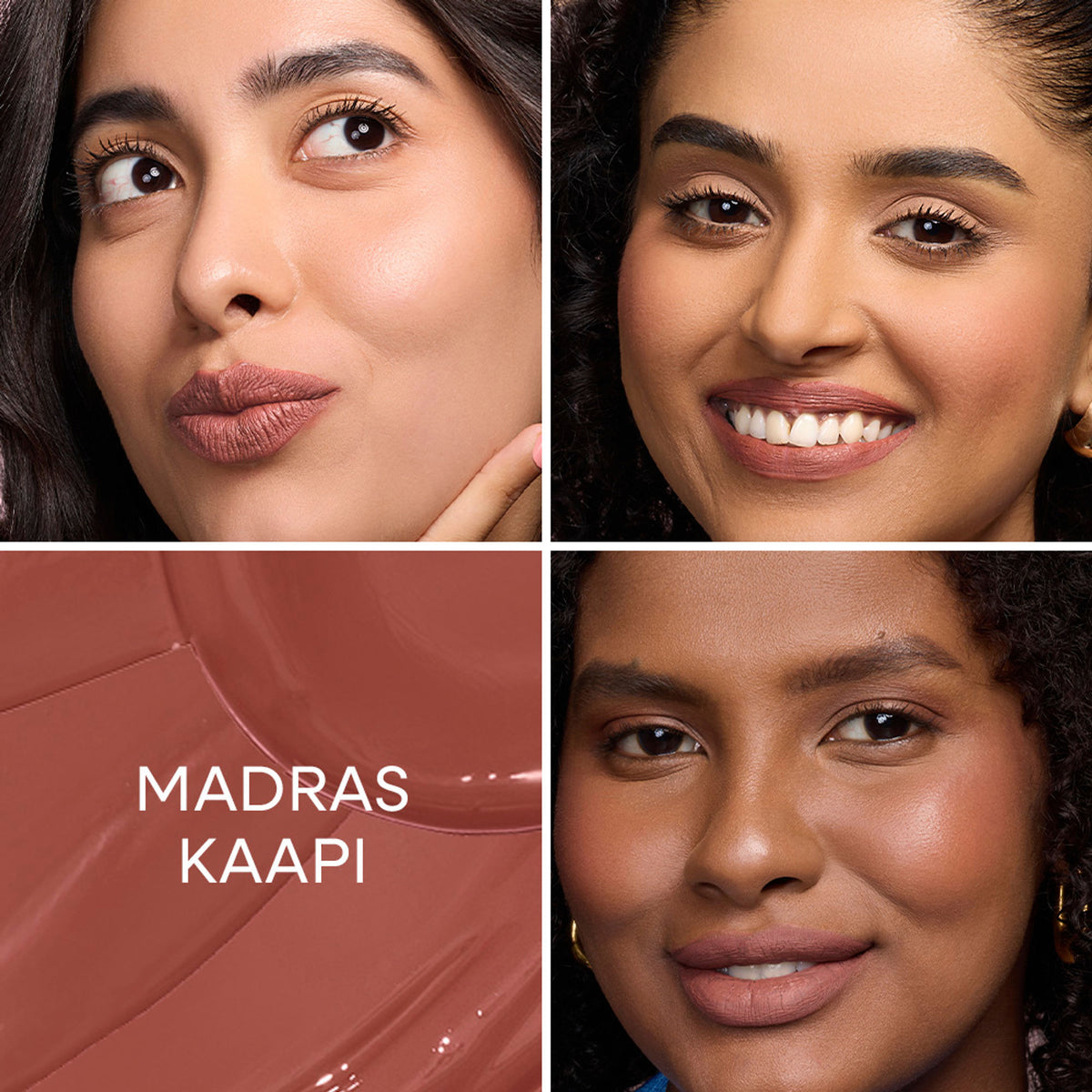 Nykaa Matte To Last transferproof liquid lipstick in Madras Kaapi 05, with a smooth, matte brown lipstick swatch.
