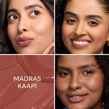 Nykaa Matte To Last transferproof liquid lipstick in Madras Kaapi 05, with a smooth, matte brown lipstick swatch.