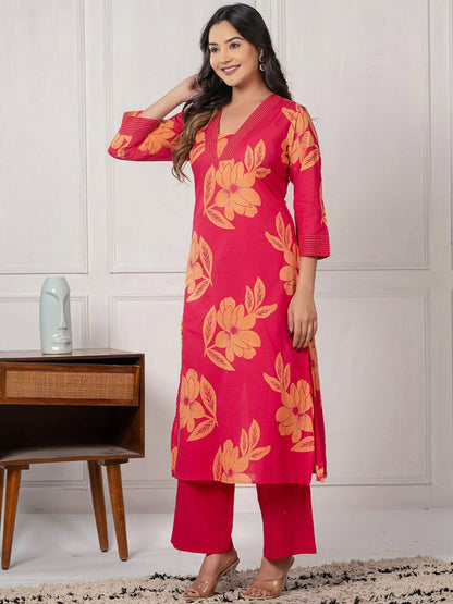 Indyancart IE Floral Printed V-Neck Pure Cotton Tunic & Palazzos