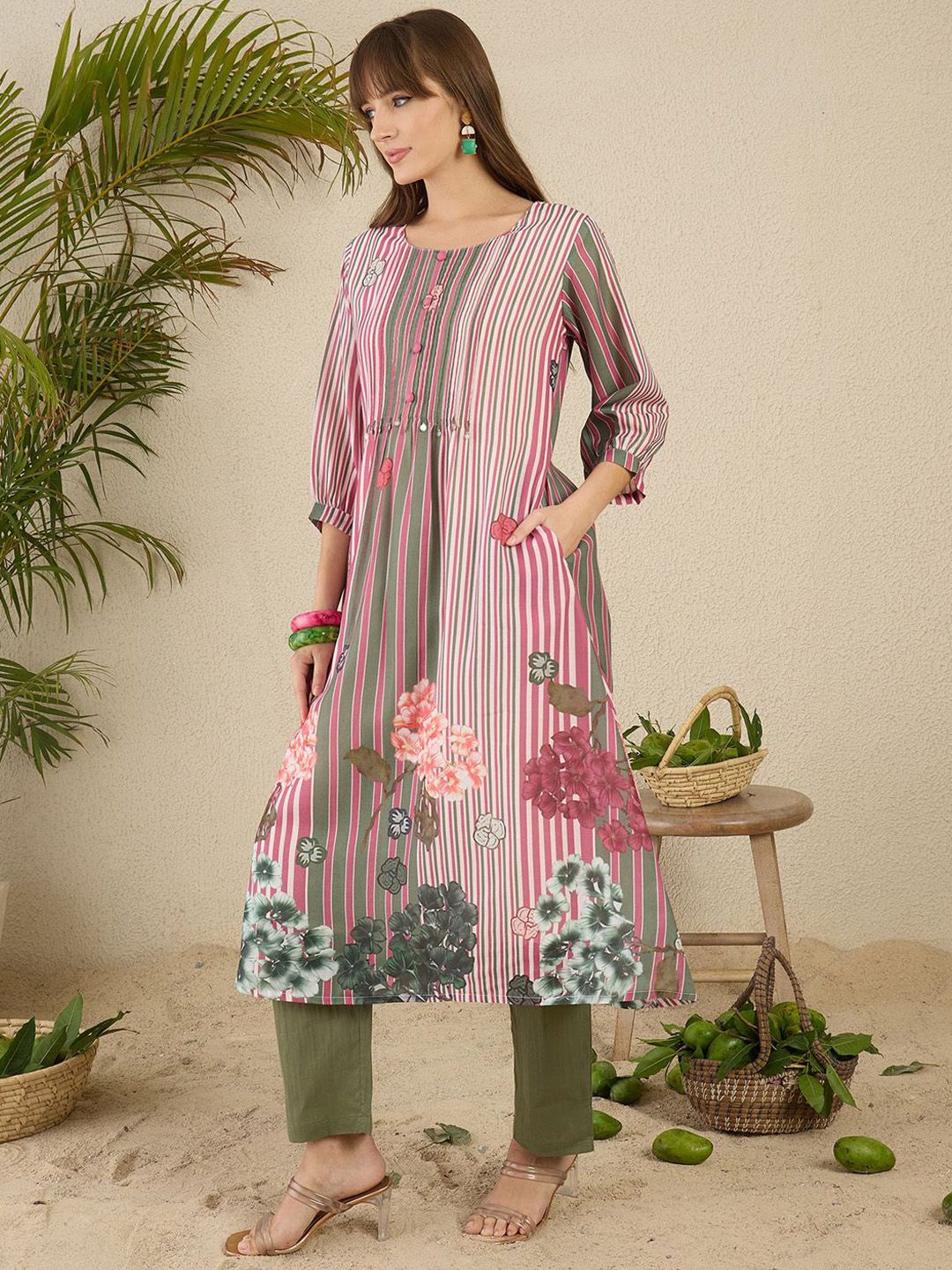 Indyancart IE Floral Printed Pure Cotton Kurta With Trousers
