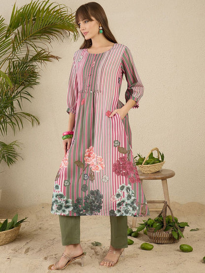 Indyancart IE Floral Printed Pure Cotton Kurta With Trousers
