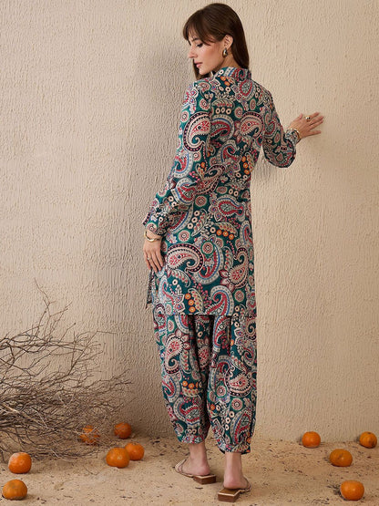 Indyancart IE Printed Shirt Collar Pure Cotton Straight Tunic With Trouser