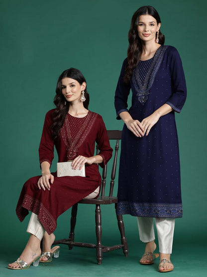 Indyancart IE Pack of 2 Floral Foil Printed Sequined Kurta
