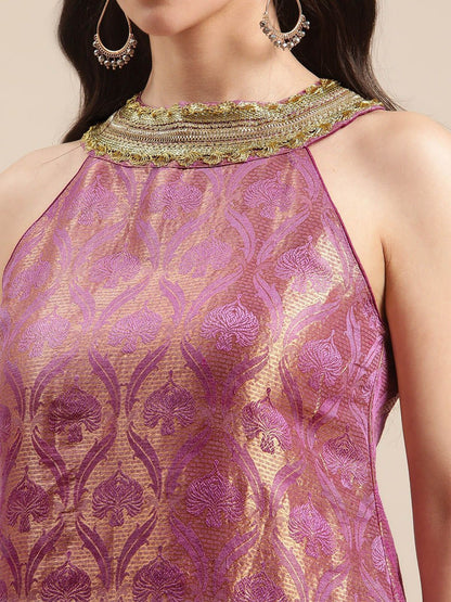 Indyancart VA Women Purple Ethnic Motifs Woven Design Kurta With Palazzos & Dupatta
