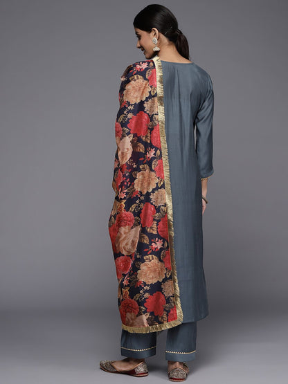Indyancart VA Women's Grey Ethnic Motifs Yoke Design Mirror Work Kurta with Trousers & With Dupatta