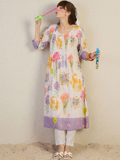 Indyancart IE Printed Pure Cotton Round Neck Top With Trousers Co-Ords
