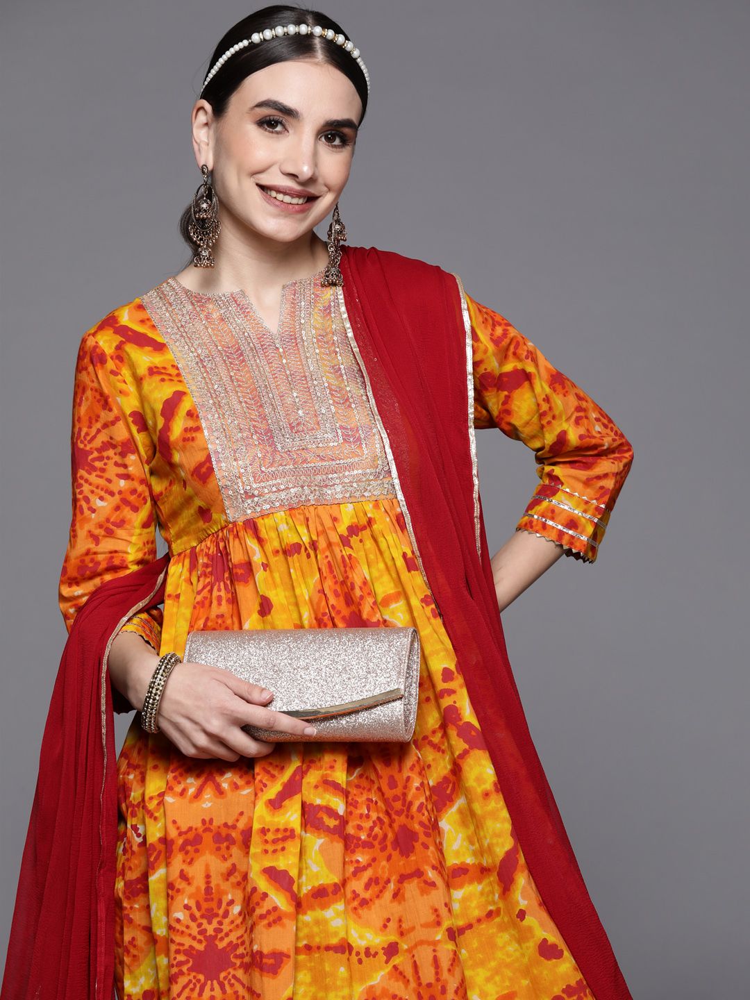 Indyancart IE Women Yellow Bandhani Tie & Dye Kurta with Trousers & Dupatta