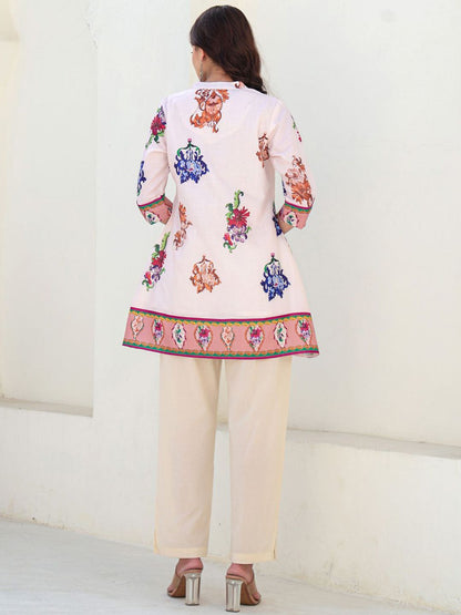 Indyancart IE Printed Pure Cotton Mandarin Collar Neck A-Line Tunic With Trousers Co-Ords