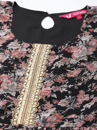 Indyancart VA Women's Black Floral Printed Empire Kurta with Sharara & With Dupatta