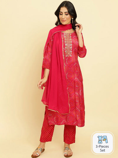 Indyancart VA Women'sBandhani Printed Regular Chanderi Silk Kurta with Trousers & Dupatta