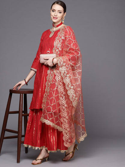 Indyancart VA Women's Red Striped Kurta with Sharara & With Dupatta
