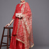 Indyancart VA Women's Red Striped Kurta with Sharara & With Dupatta