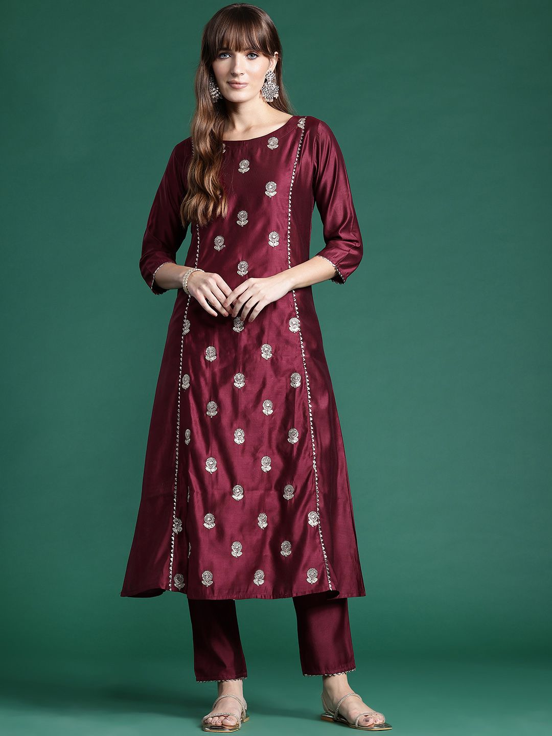 Indyancart IE Floral Embroidered Panelled Sequinned Liva Kurta with Trousers