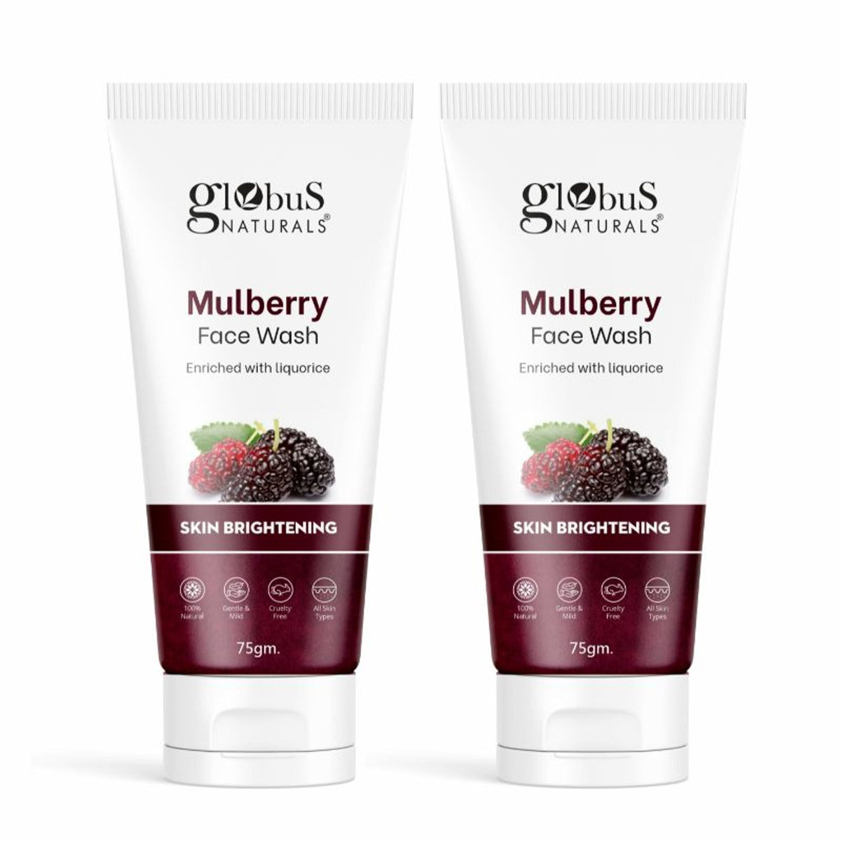 Globus Naturals Skin Brightening Mulberry and Liquorice Face Wash in a pack of two, featuring tube packaging with natural ingredients.