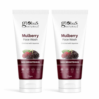 Globus Naturals Skin Brightening Mulberry and Liquorice Face Wash in a pack of two, featuring tube packaging with natural ingredients.