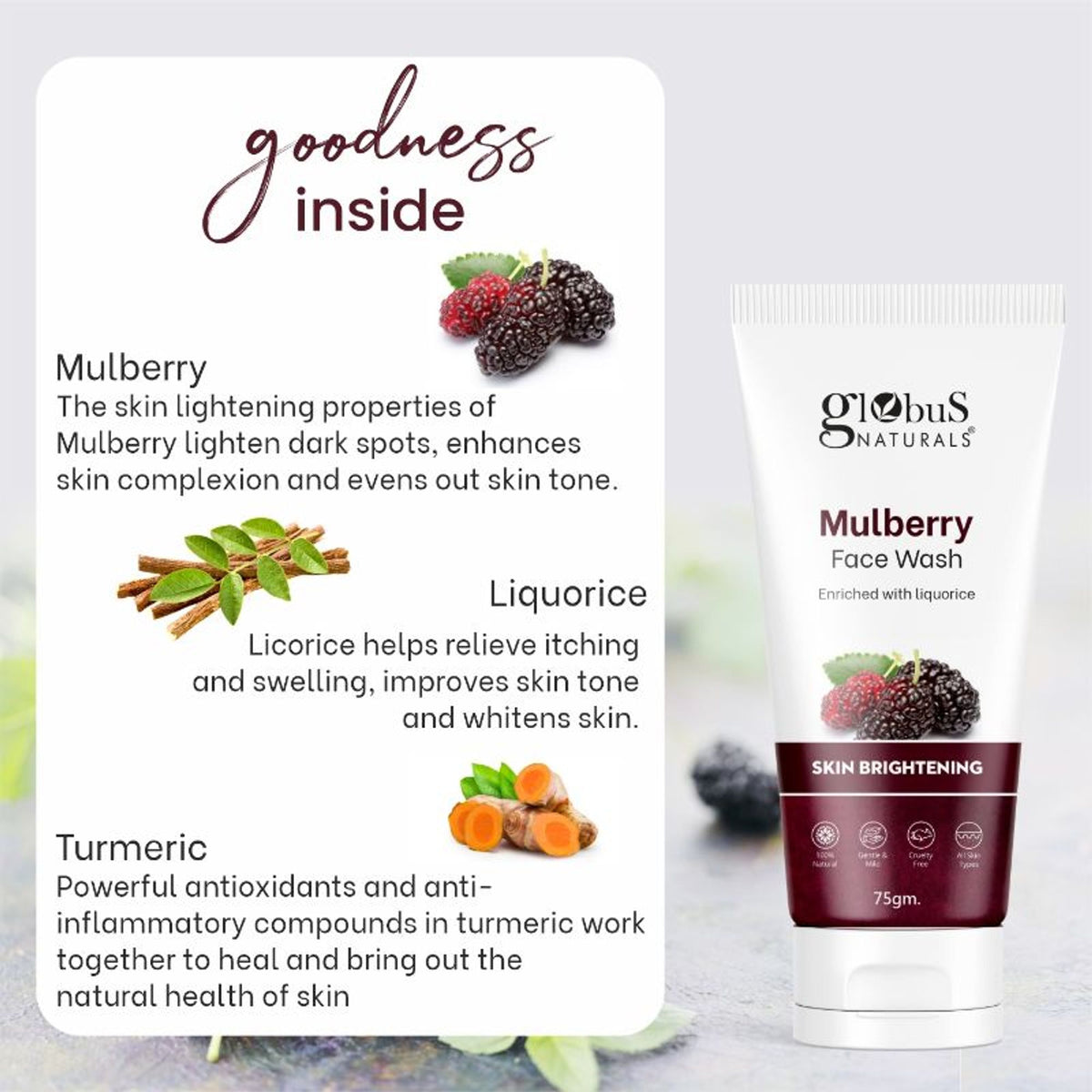 Globus Naturals Mulberry and Liquorice face wash pack of 2 showing the bottles with brightening skincare ingredients.
