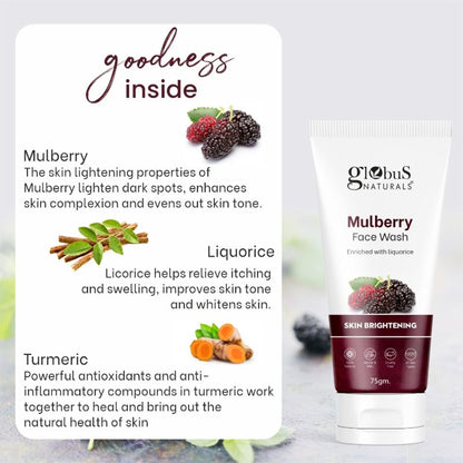 Globus Naturals Mulberry and Liquorice face wash pack of 2 showing the bottles with brightening skincare ingredients.