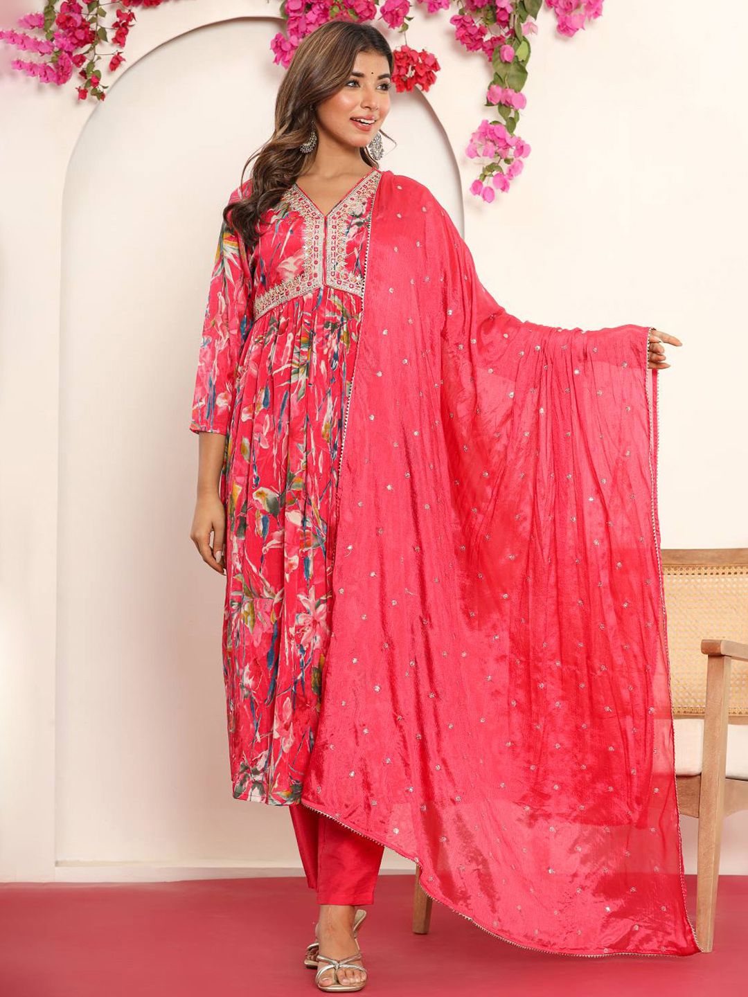 Indyancart VA Women'sPink Gotta Patti Floral Embroidered V- Neck Empire Kurta With Trousers & Dupatta