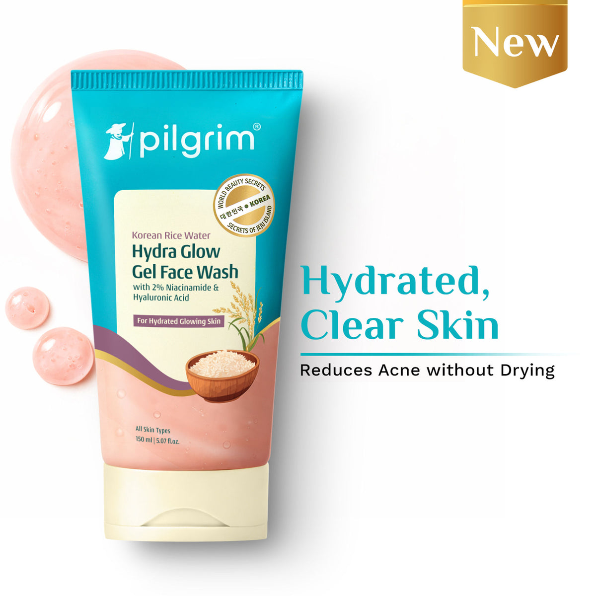 Pilgrim Korean Rice Water & 2% Niacinamide Hydra Glow Gel Face Wash Hydrated Glass Glowing Skin