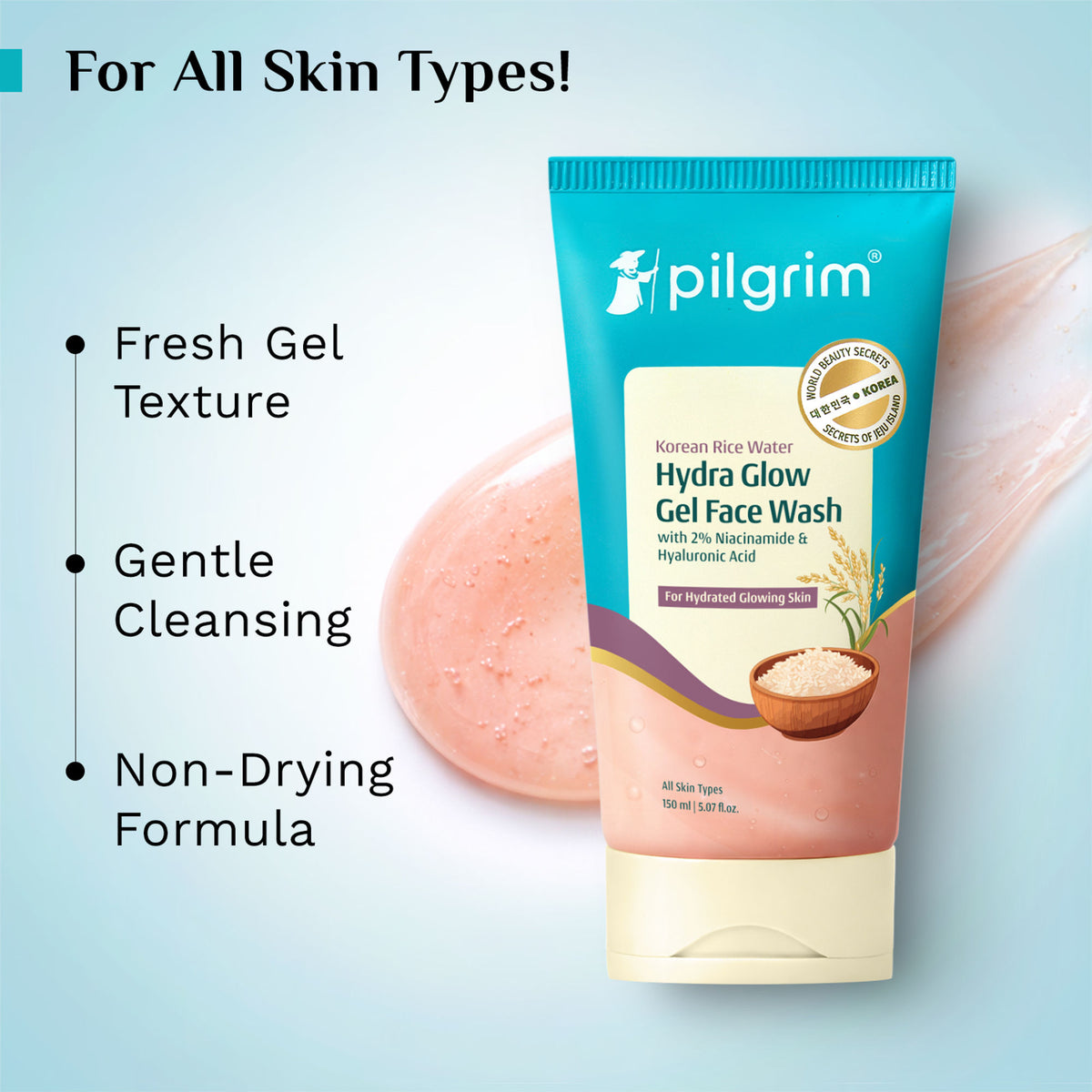 Pilgrim Korean Rice Water & 2% Niacinamide Hydra Glow Gel Face Wash Hydrated Glass Glowing Skin