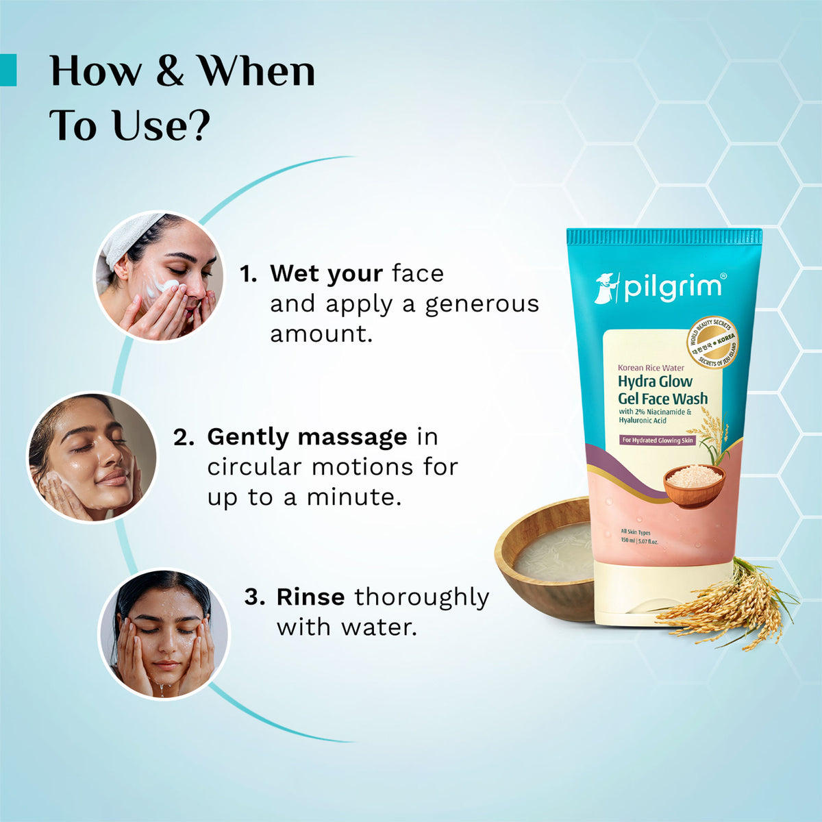 Pilgrim Korean Rice Water & 2% Niacinamide Hydra Glow Gel Face Wash Hydrated Glass Glowing Skin