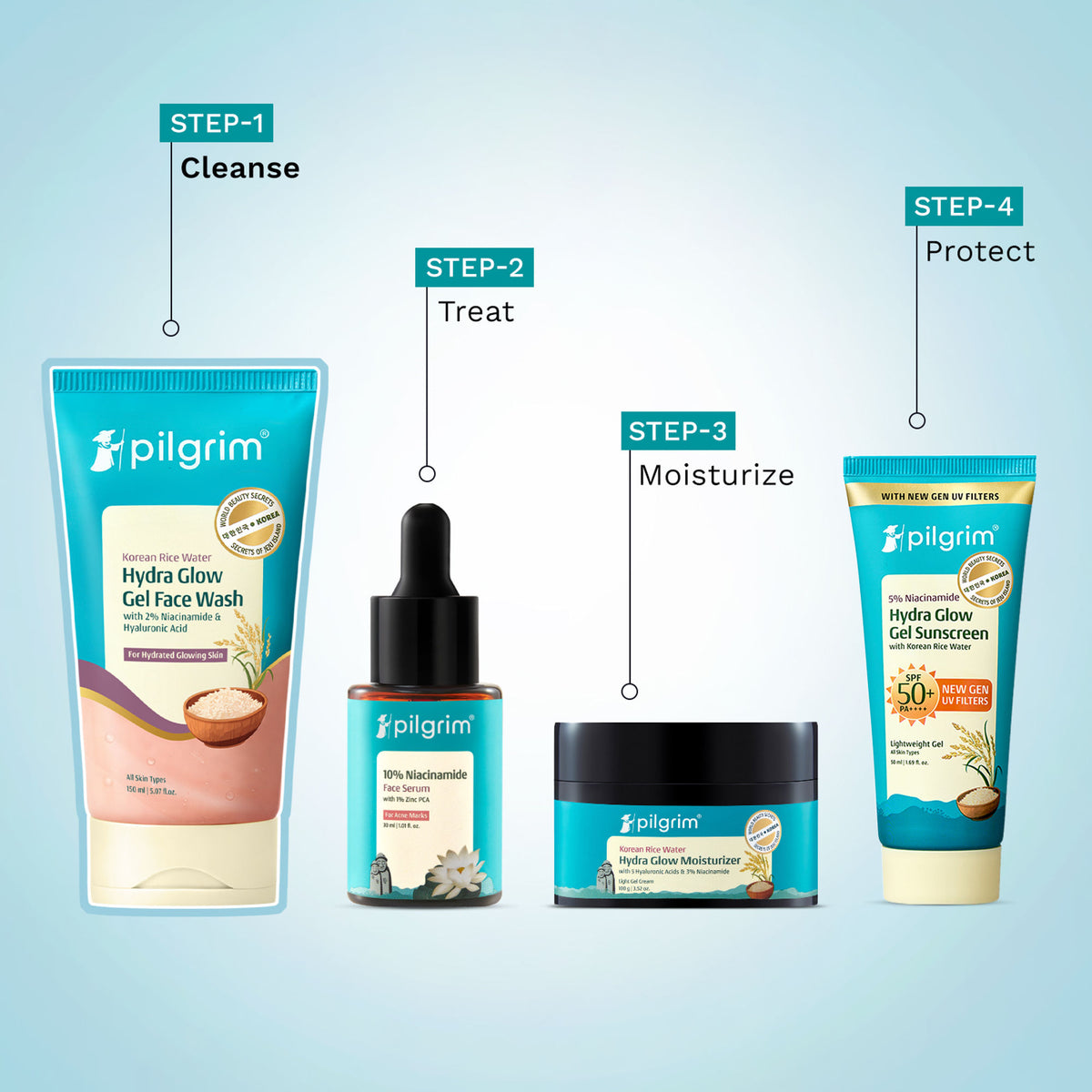 Pilgrim Korean Rice Water & 2% Niacinamide Hydra Glow Gel Face Wash Hydrated Glass Glowing Skin