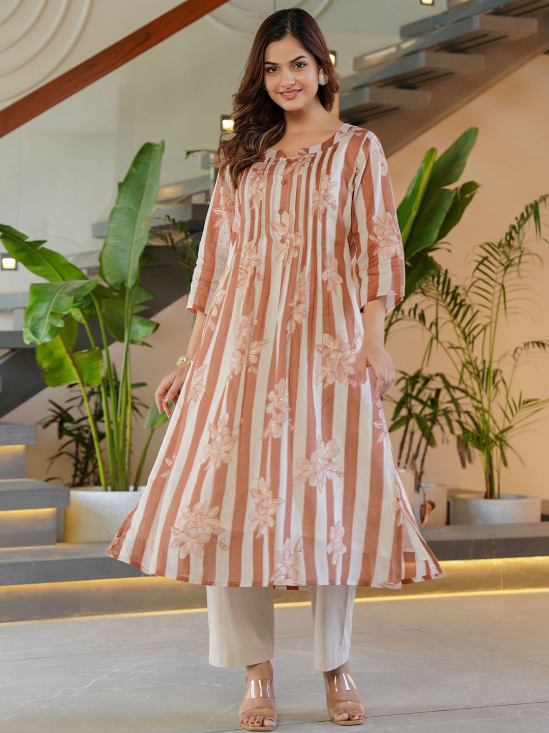 Dhiyona IE Indo era Printed Pure Cotton Round Neck Top With Trousers Co-Ords Set