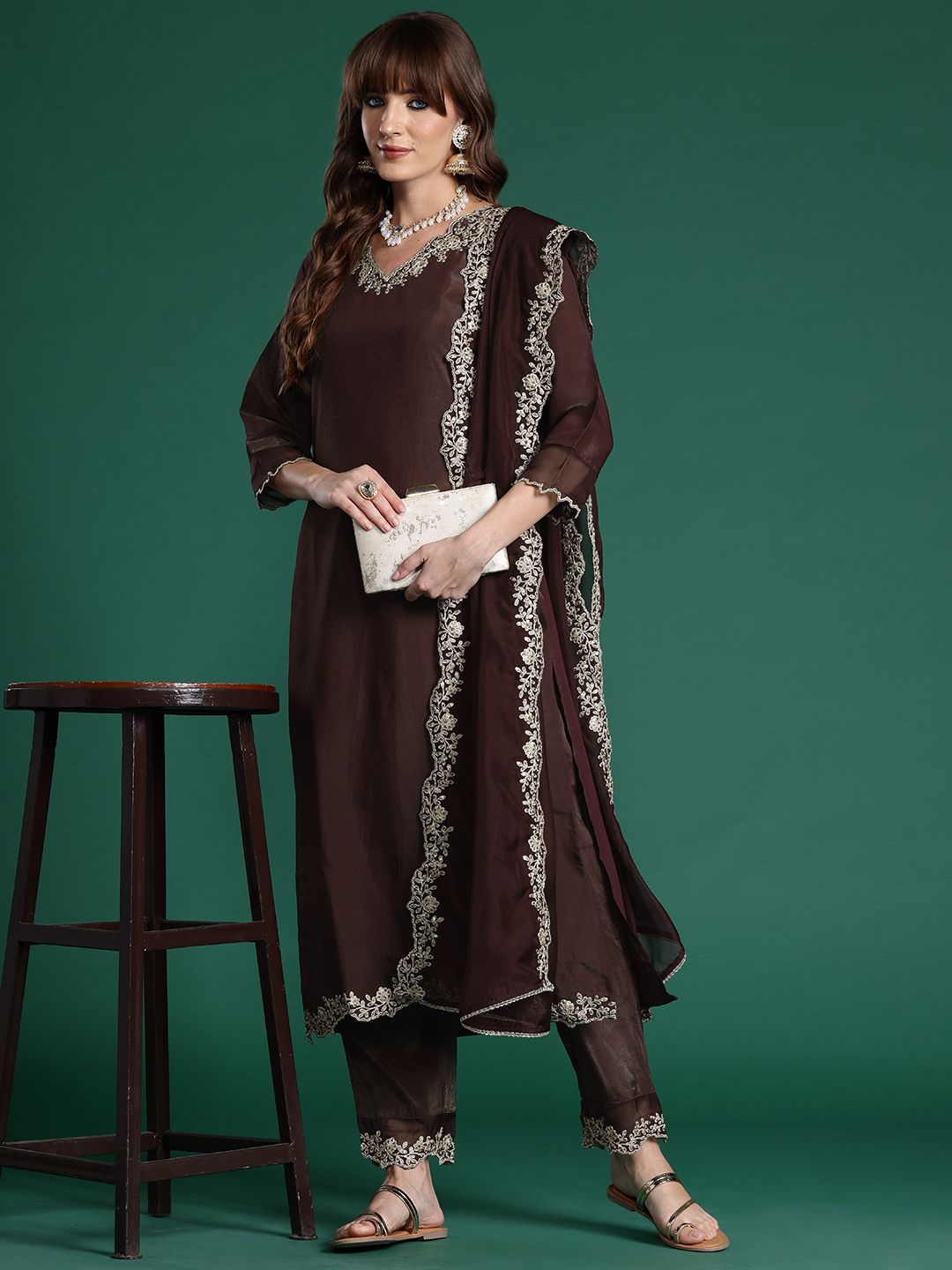 Indyancart IE Floral Embroidered Liva Kurta with Trousers & With Dupatta