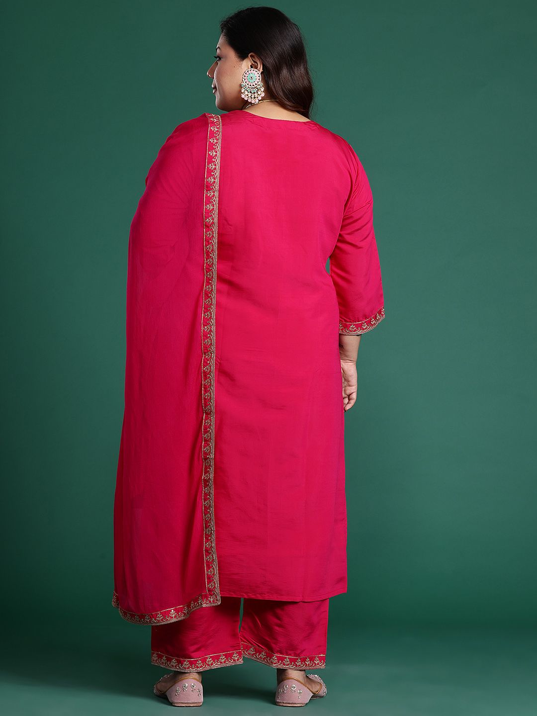 Indyancart Women's Plus Size Ethnic Motifs Embroidered Sequinned Kurta with Trousers & With Dupatta