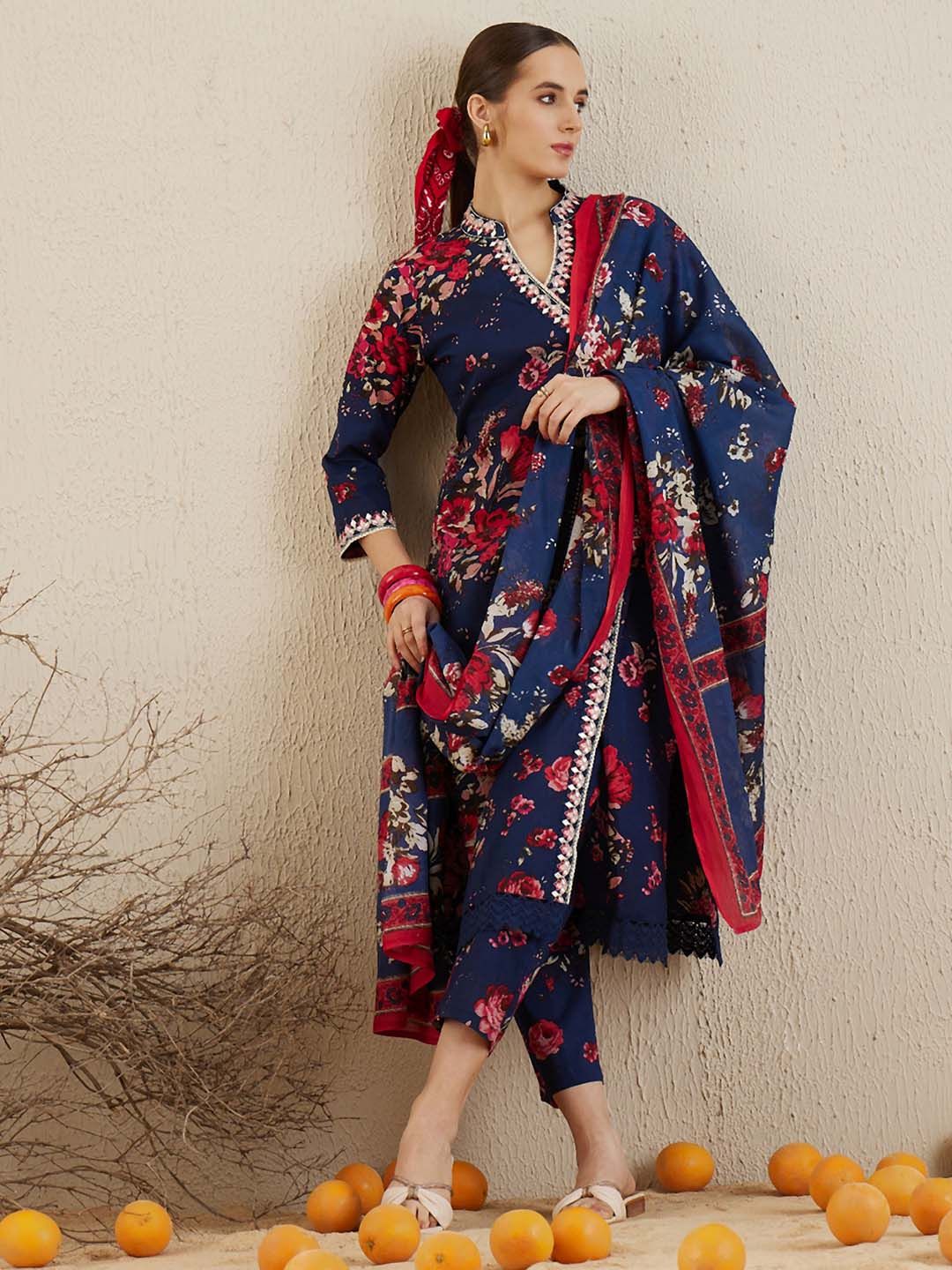 Indyancart IE Floral Printed Angrakha Mirror Work Cotton Straight Kurta & Trousers & Dupatta