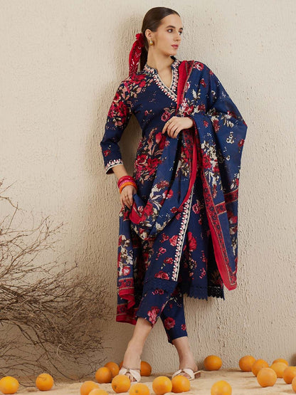 Indyancart IE Floral Printed Angrakha Mirror Work Cotton Straight Kurta & Trousers & Dupatta