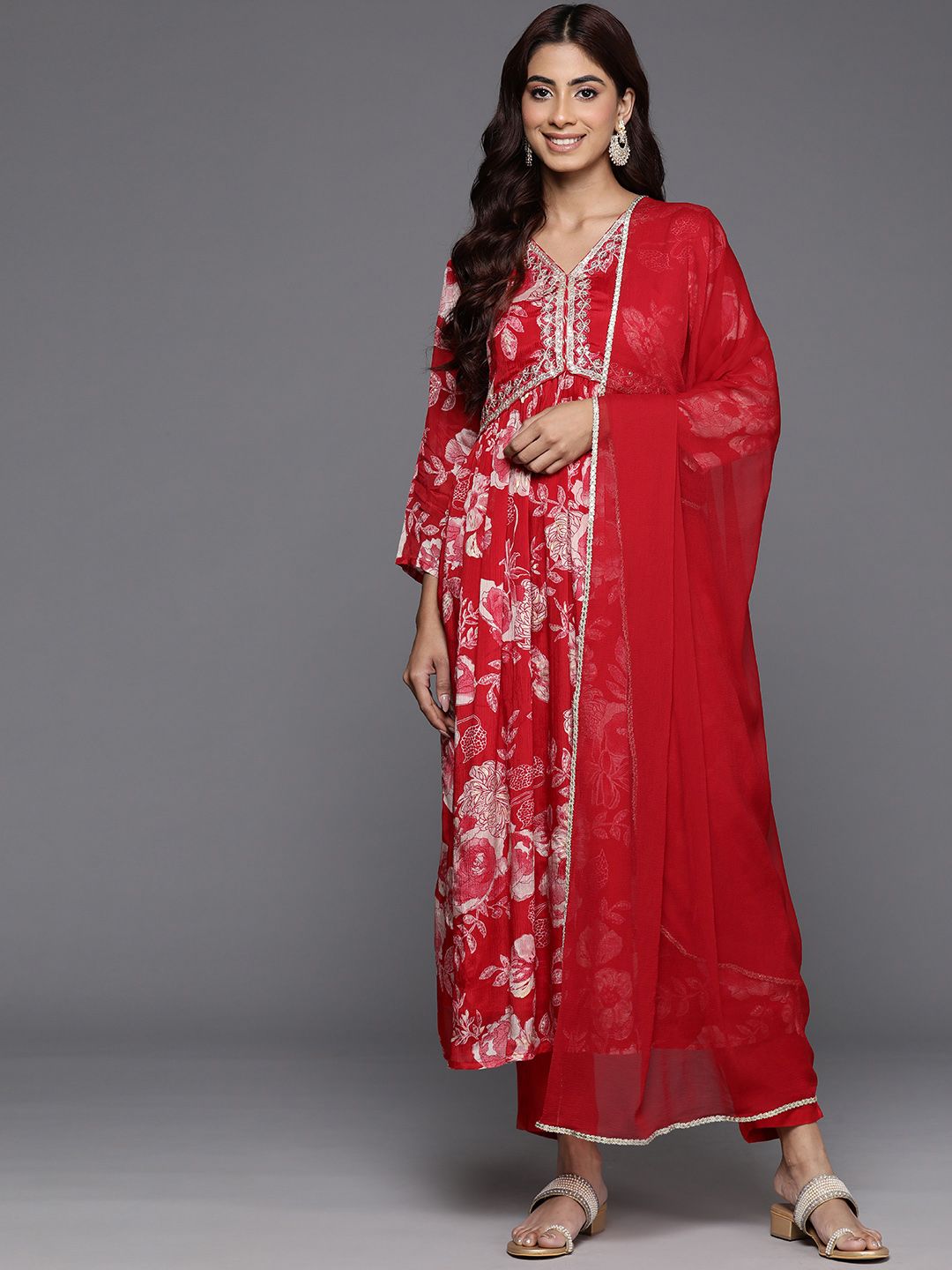 Indyancart VA Women's Floral Printed Sequinned Pure Silk Kurta with Trousers & With Dupatta