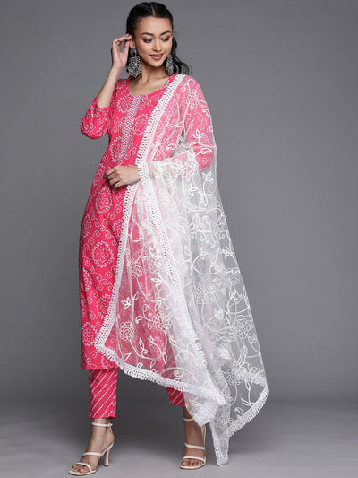 Indyancart VA Women's Pink Bandhani Printed Gotta Patti Pure Cotton Kurta with Trousers & With Dupatta