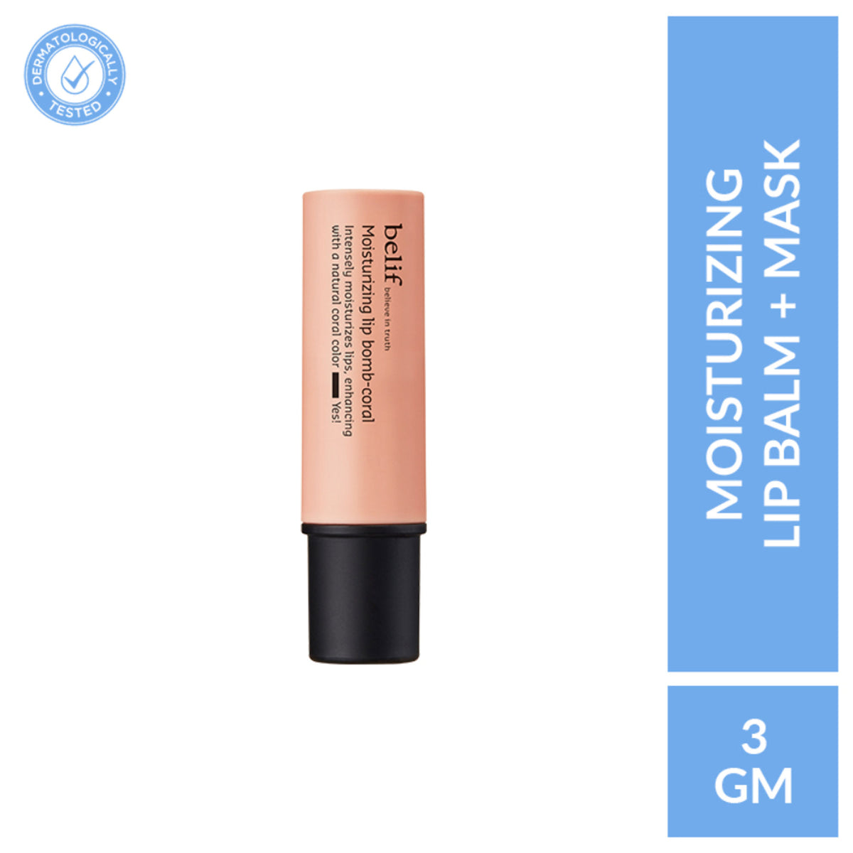 belif Moisturizing Korean Lip Bomb tinted lip mask with shea butter, coral color, smooths dry lips, hydrating lip balm.