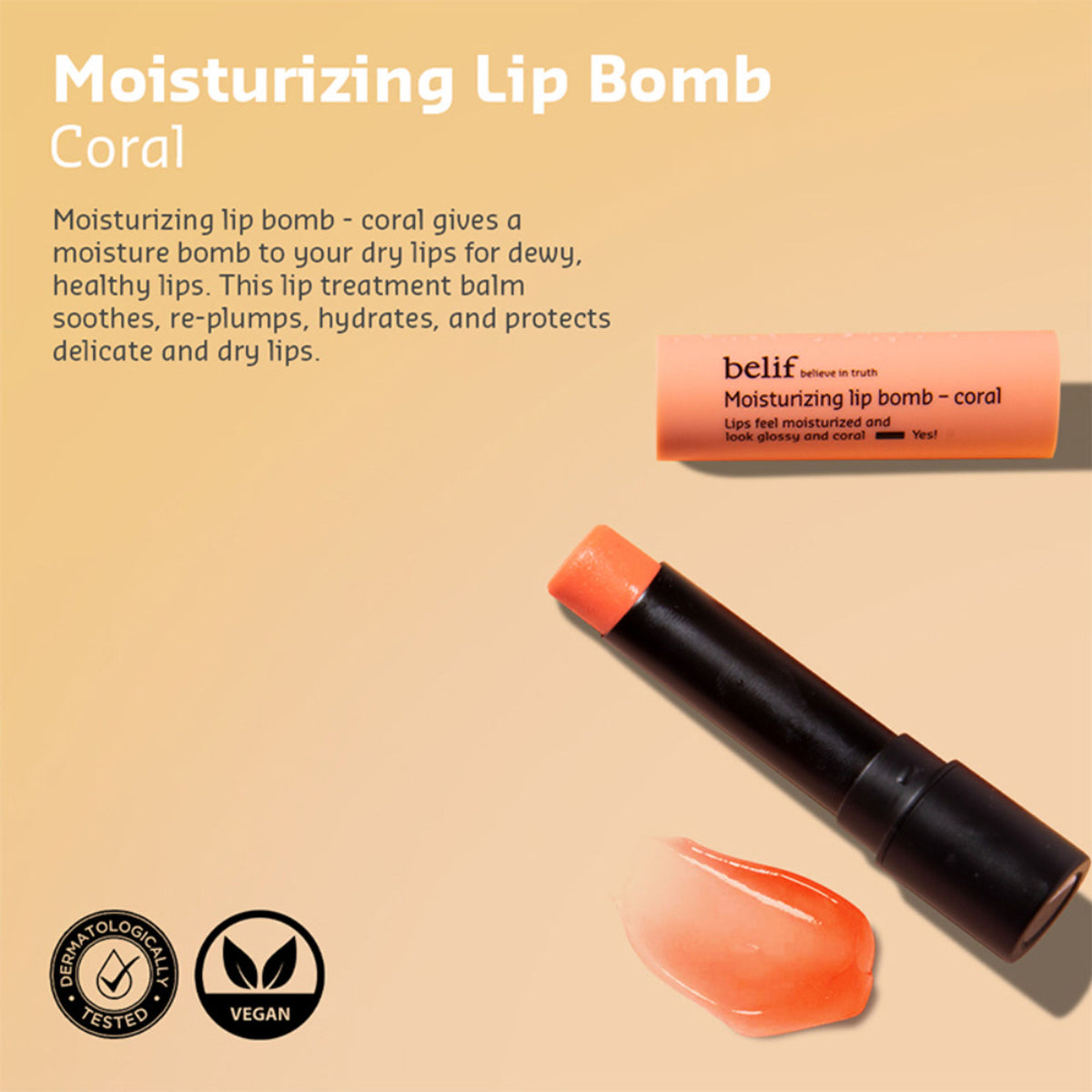 belif Moisturizing Korean Lip Bomb tinted lip mask with Shea Butter, coral color, showcasing smooth, hydrated lips.