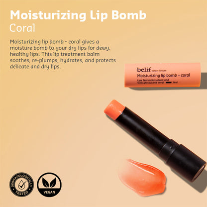 belif Moisturizing Korean Lip Bomb tinted lip mask with Shea Butter, coral color, showcasing smooth, hydrated lips.