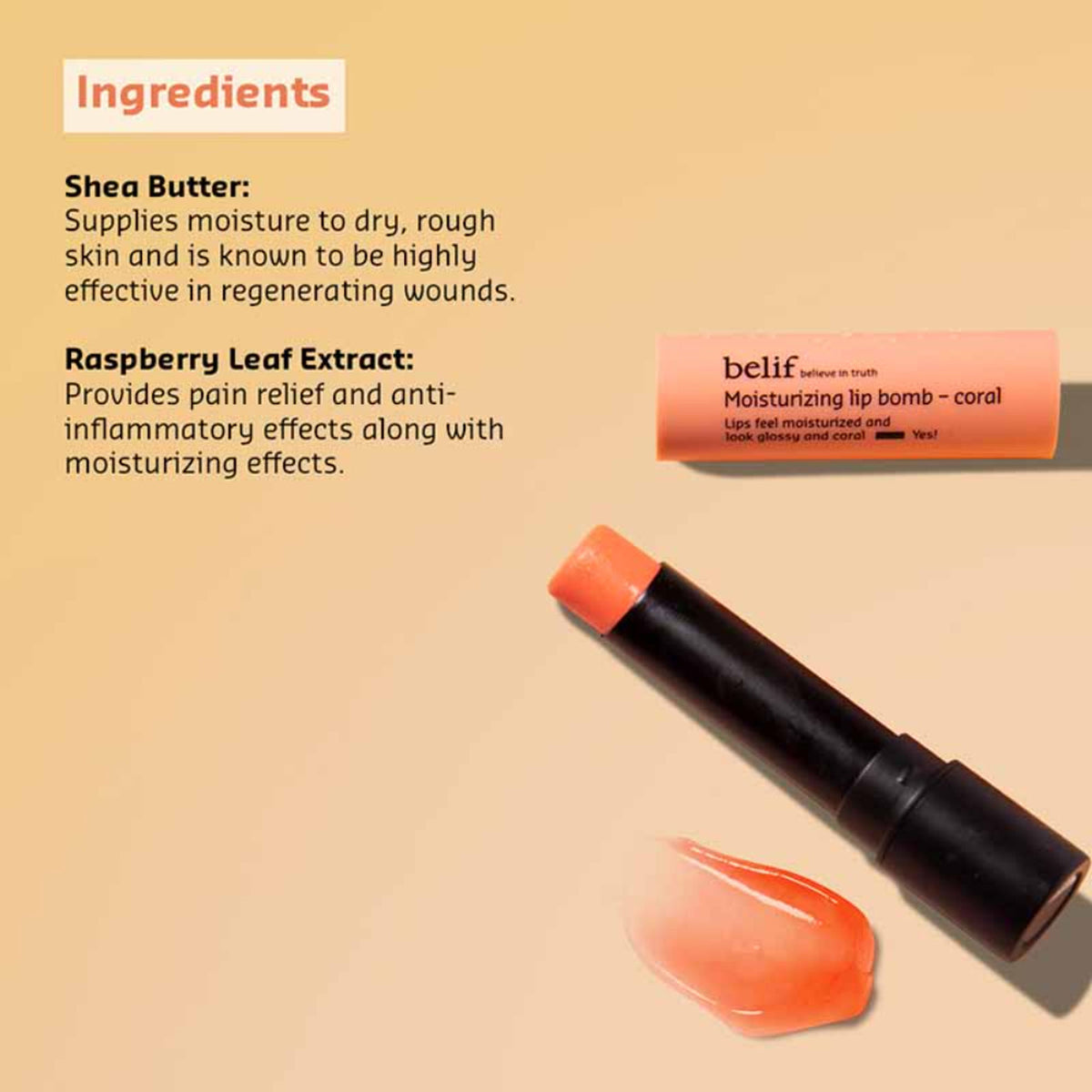 belif moisturizing Korean lip bomb tinted lip mask with shea butter, coral shade, for dry lips, natural lip care product