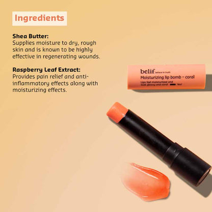 belif moisturizing Korean lip bomb tinted lip mask with shea butter, coral shade, for dry lips, natural lip care product