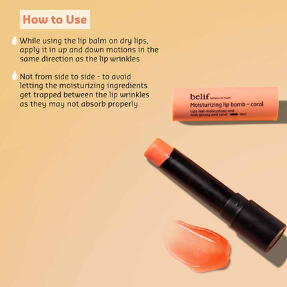 belif Moisturizing Korean Lip Bomb tinted lip mask with Shea Butter, coral color, softening dry lips and providing hydration.