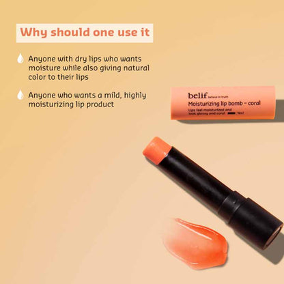 belif Moisturizing Korean Lip Bomb tinted lip mask with shea butter, coral color, showing smooth, hydrated lips and product packaging