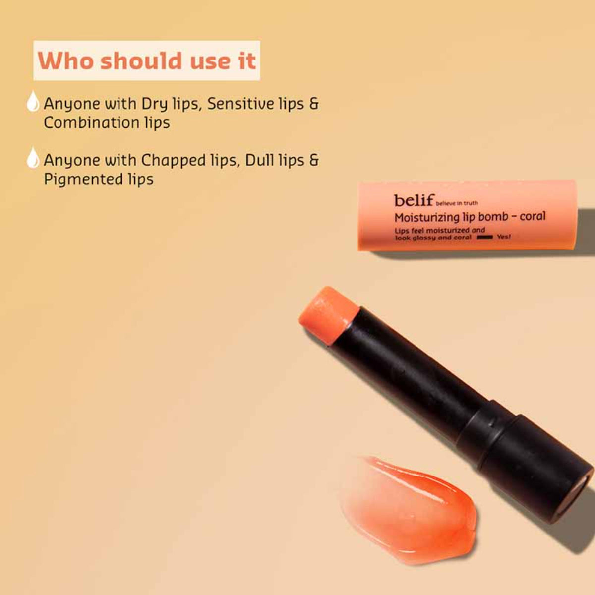 belif Moisturizing Korean Lip Bomb tinted lip mask with shea butter, coral shade, moisturizing lip balm for dry lips, natural finish