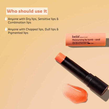 belif Moisturizing Korean Lip Bomb tinted lip mask with shea butter, coral shade, moisturizing lip balm for dry lips, natural finish
