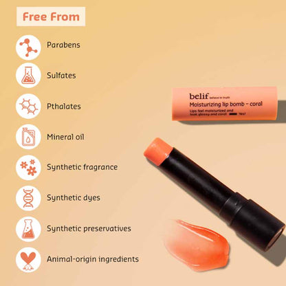 belif Moisturizing Korean Lip Bomb tinted lip mask with shea butter, coral color, showing the product's packaging and lip balm texture