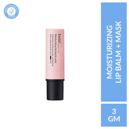 belif Moisturizing Korean Lip Bomb tinted lip mask with Shea Butter and pink tint, designed for dry lips, natural and hydrating.