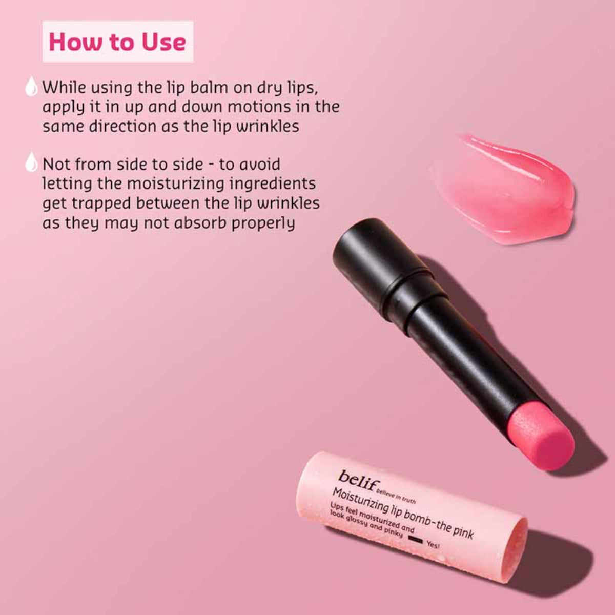 belif Moisturizing Korean Lip Bomb tinted lip mask with Shea Butter, showcasing pink color and smooth, hydrated lips.