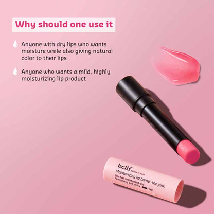 belif Moisturizing Korean Lip Bomb tinted lip mask with shea butter in pink, nourishing lip balm for dry lips, smooth and hydrated.