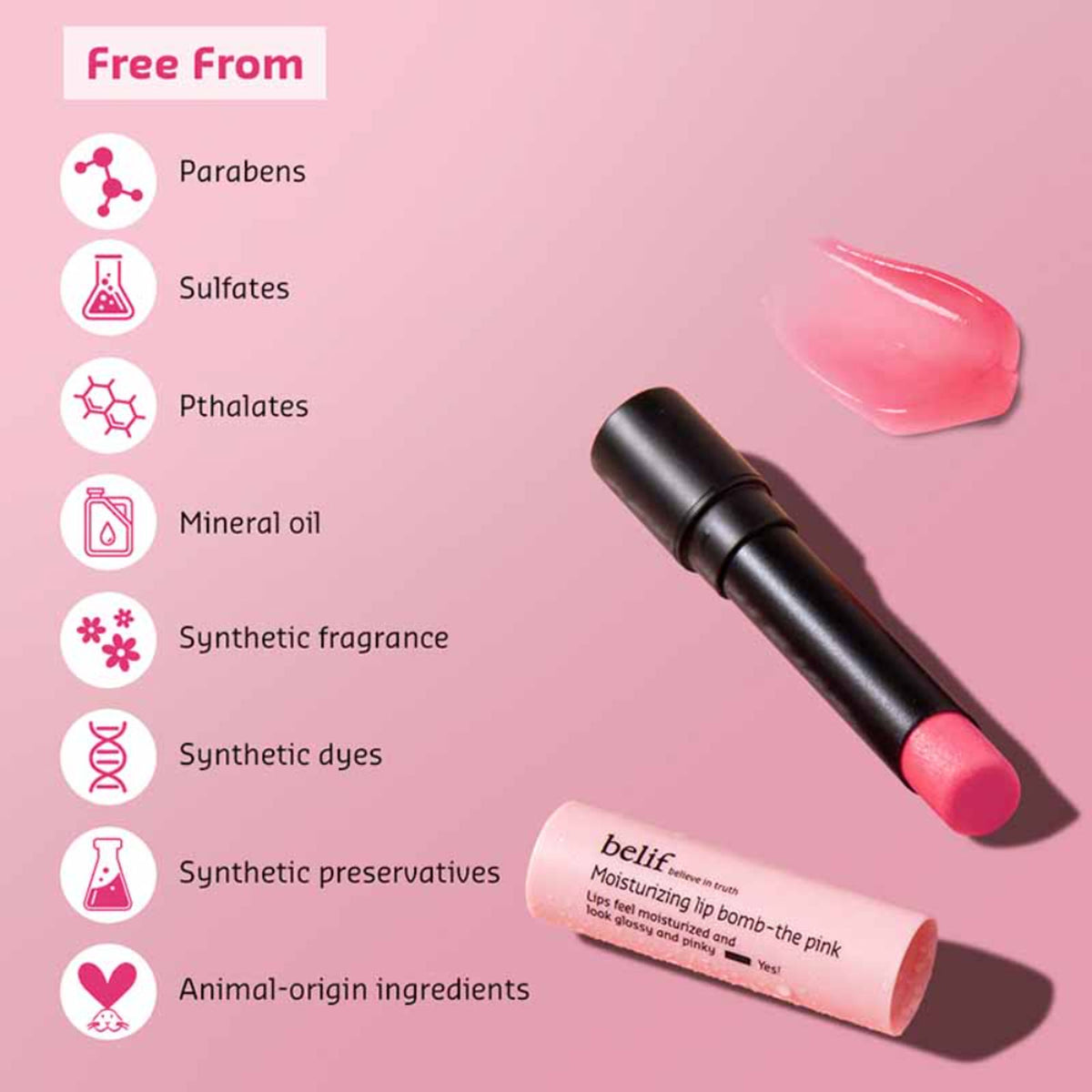 belif Moisturizing Korean Lip Bomb tinted lip mask with shea butter, showing a pink lip balm in a sleek container for dry lips
